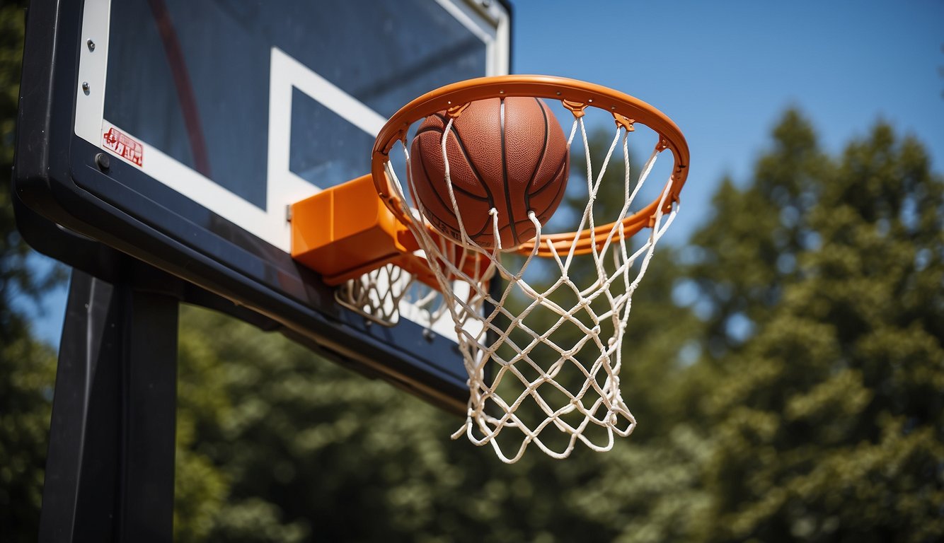 A basketball hoop with a sturdy backboard, a regulation-size basketball, and a well-maintained court surface