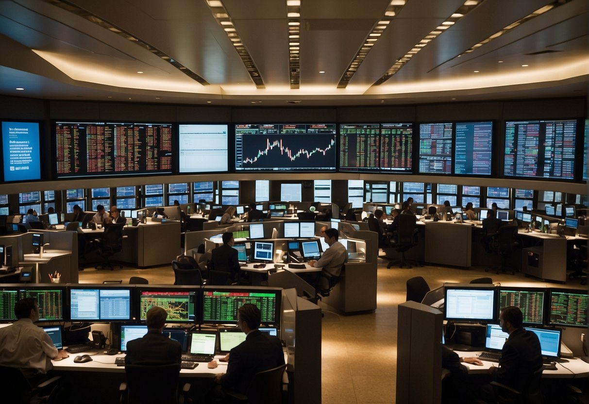 A bustling stock exchange floor with traders and analysts discussing post-IPO strategies and considerations. Ticker screens display fluctuating stock prices