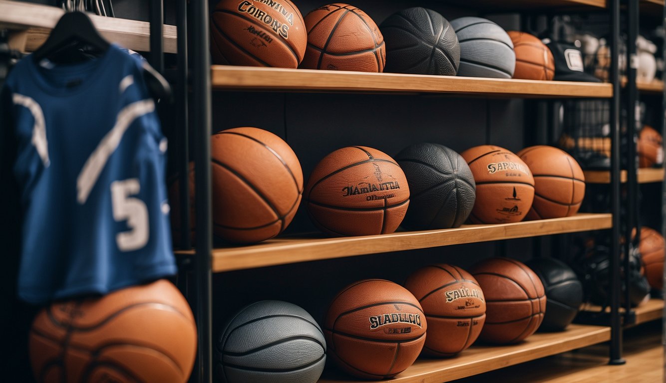 A basketball court with a hoop, basketballs, jerseys, shoes, and protective gear displayed on shelves. A sign reads "Shopping Tips for Basketball Equipment."