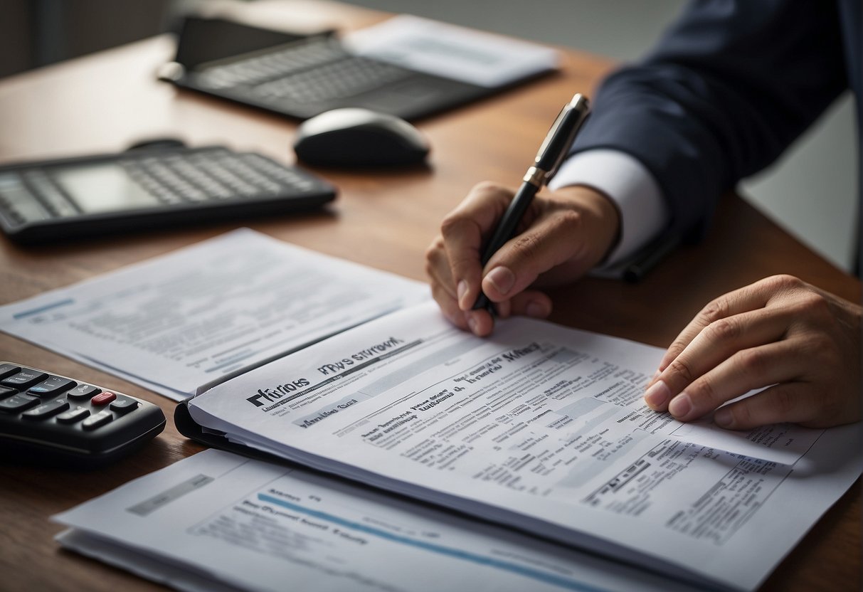 A person filling out paperwork for an SME IPO, with a computer, forms, and financial documents spread out on a desk