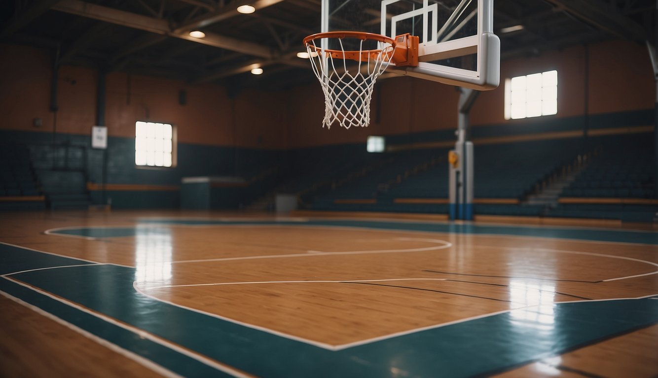 A basketball court with hoops, balls, and jerseys laid out