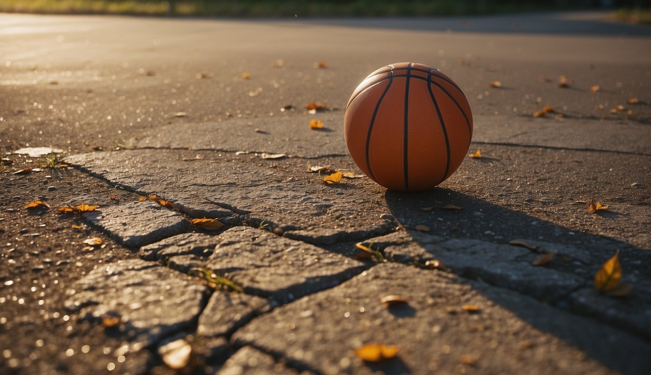 A basketball bounces on a cracked concrete court, surrounded by patches of grass and scattered leaves. The sun casts long shadows across the weathered surface