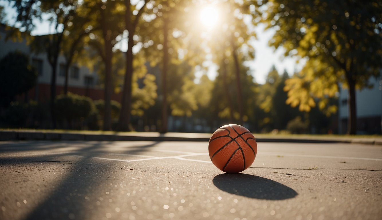 A basketball lying on a concrete court, surrounded by trees and under a bright sun