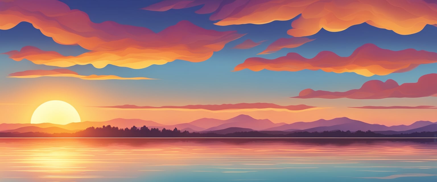 A vibrant sunset over a tranquil lake, reflecting the warm hues of the sky. The water ripples gently, creating a peaceful and serene atmosphere