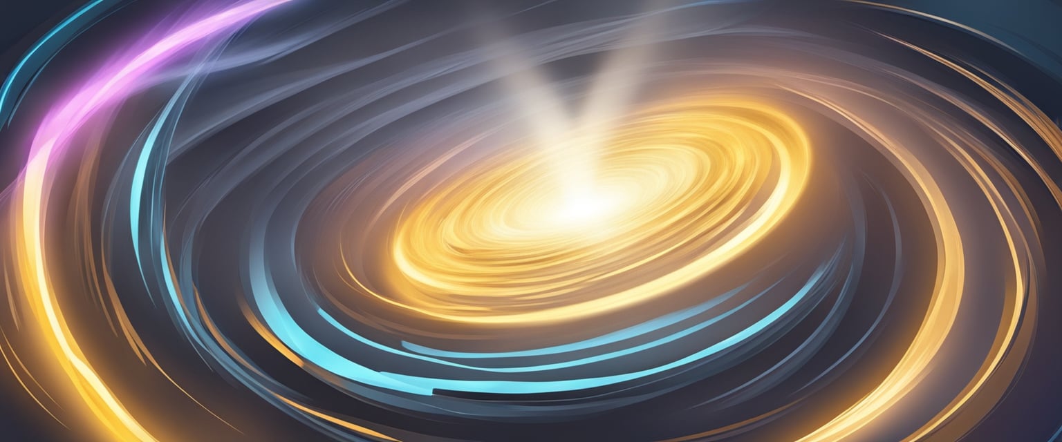 A beam of light bursts from a swirling vortex, casting a glow on surrounding objects
