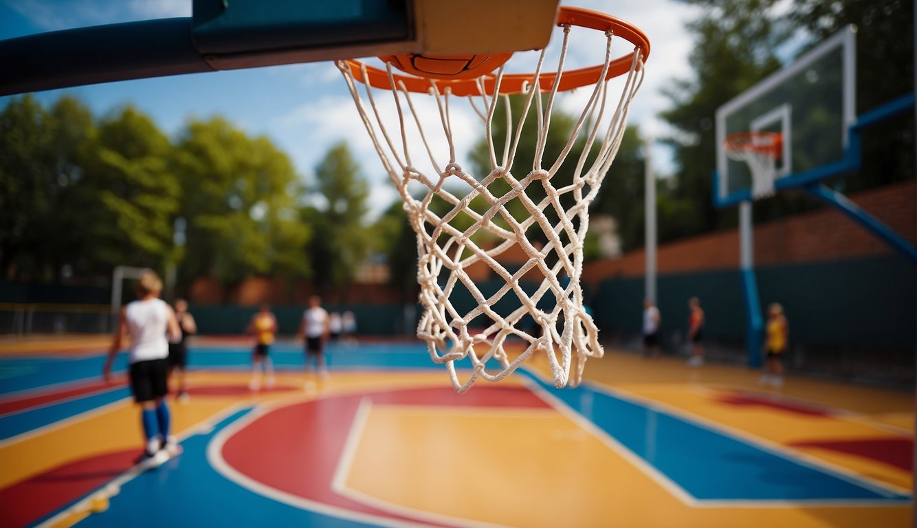 An outdoor basketball court with a vibrant, colorful surface. The hoop is sturdy, and the ball bounces effortlessly on the smooth, well-maintained court