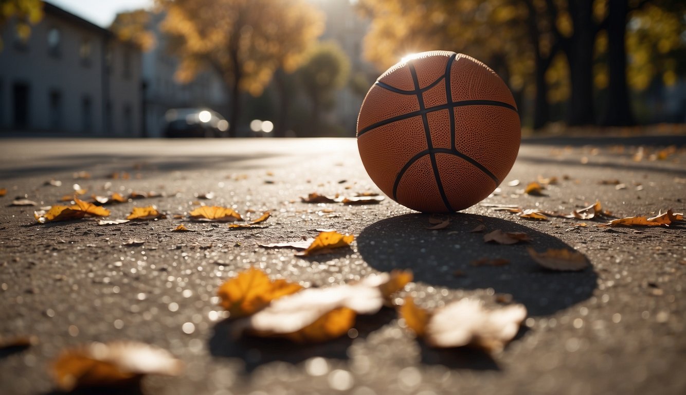 A basketball sits on a cracked concrete court, surrounded by scattered leaves and debris. The sun shines down, casting shadows on the worn-out surface