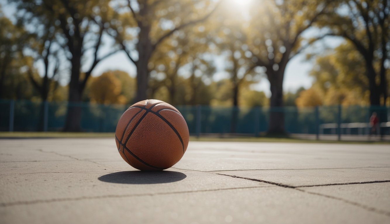 A basketball bouncing on a concrete court, surrounded by trees and under a clear blue sky