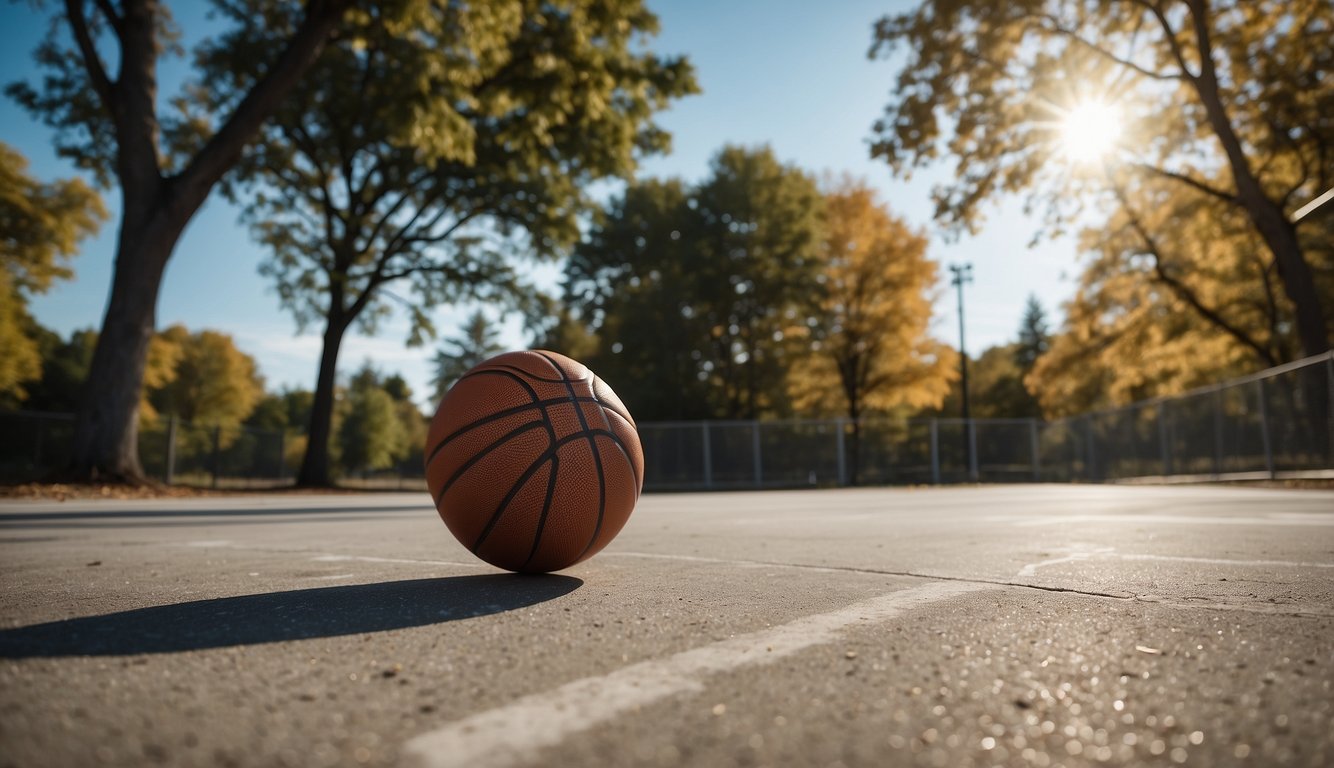 A basketball bouncing on a concrete court, with trees and a clear blue sky in the background