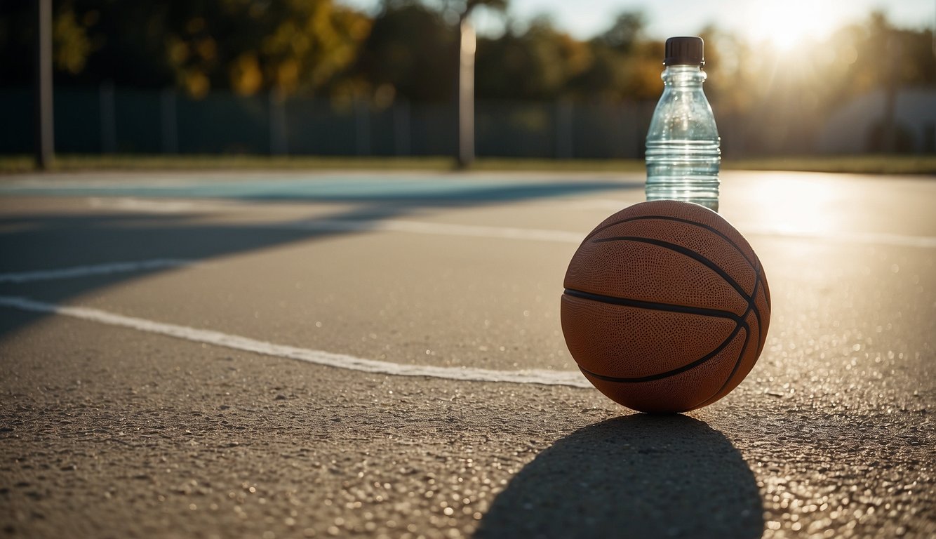 A basketball sits on a concrete court, surrounded by a water bottle, towel, and basketball pump. The sun shines down, casting shadows on the textured surface