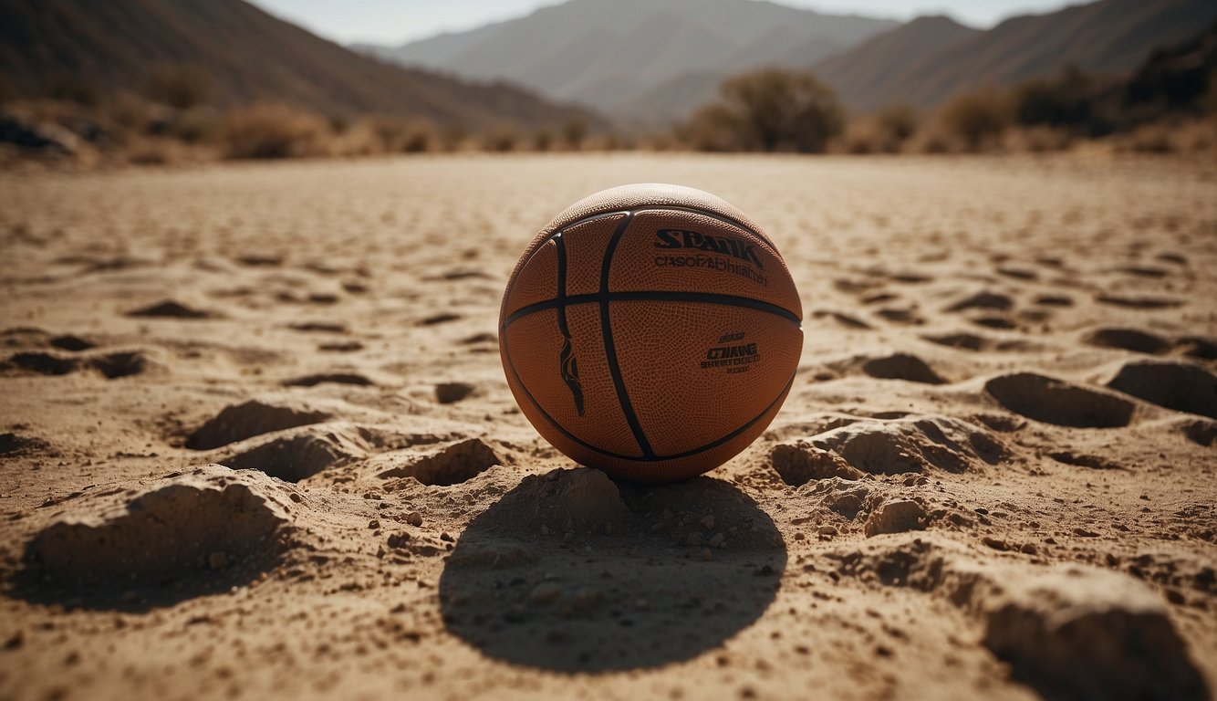 A basketball bouncing on a cracked, dusty outdoor court under a scorching sun, surrounded by rugged terrain and harsh weather conditions