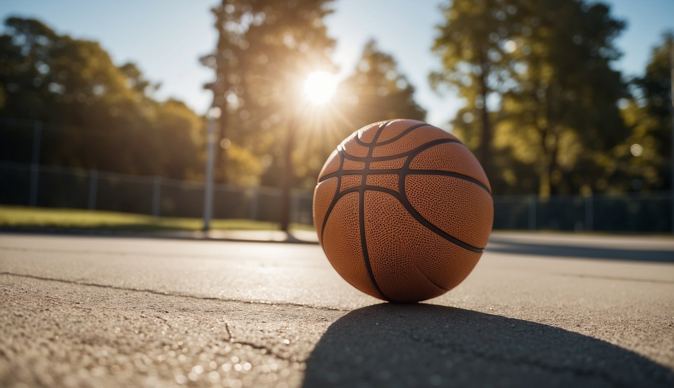 A basketball bouncing on a concrete court under the bright sun, surrounded by trees and with a clear blue sky in the background