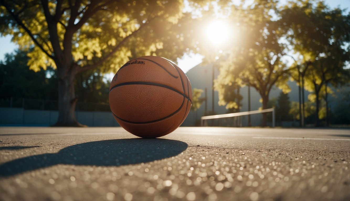 A basketball bounces on a concrete court under the bright sun, surrounded by green trees and blue skies