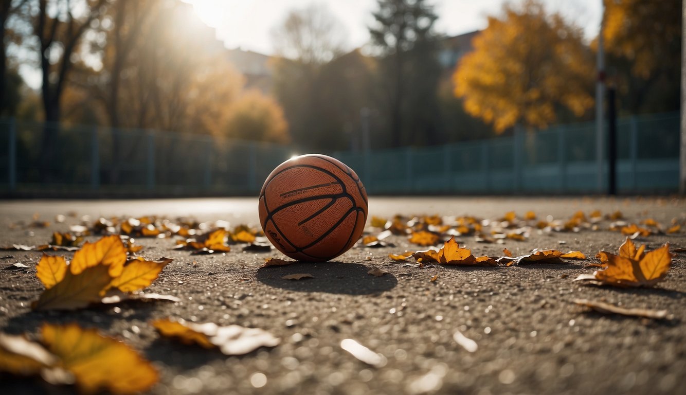 A basketball lying on a concrete outdoor court, surrounded by scattered leaves and dirt. The ball shows signs of wear and tear from frequent use