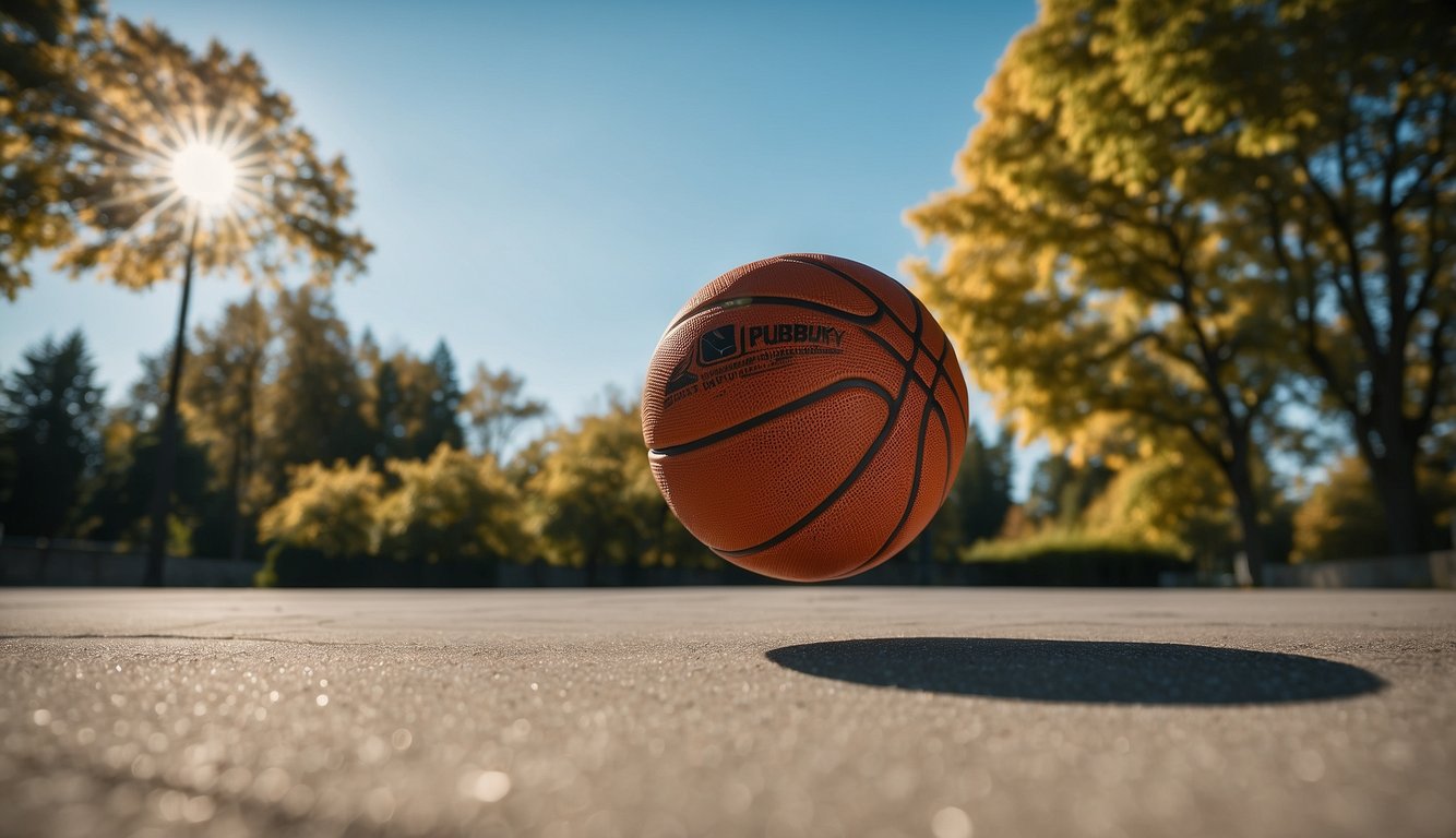 A basketball bouncing on a concrete outdoor court with a clear blue sky and green trees in the background