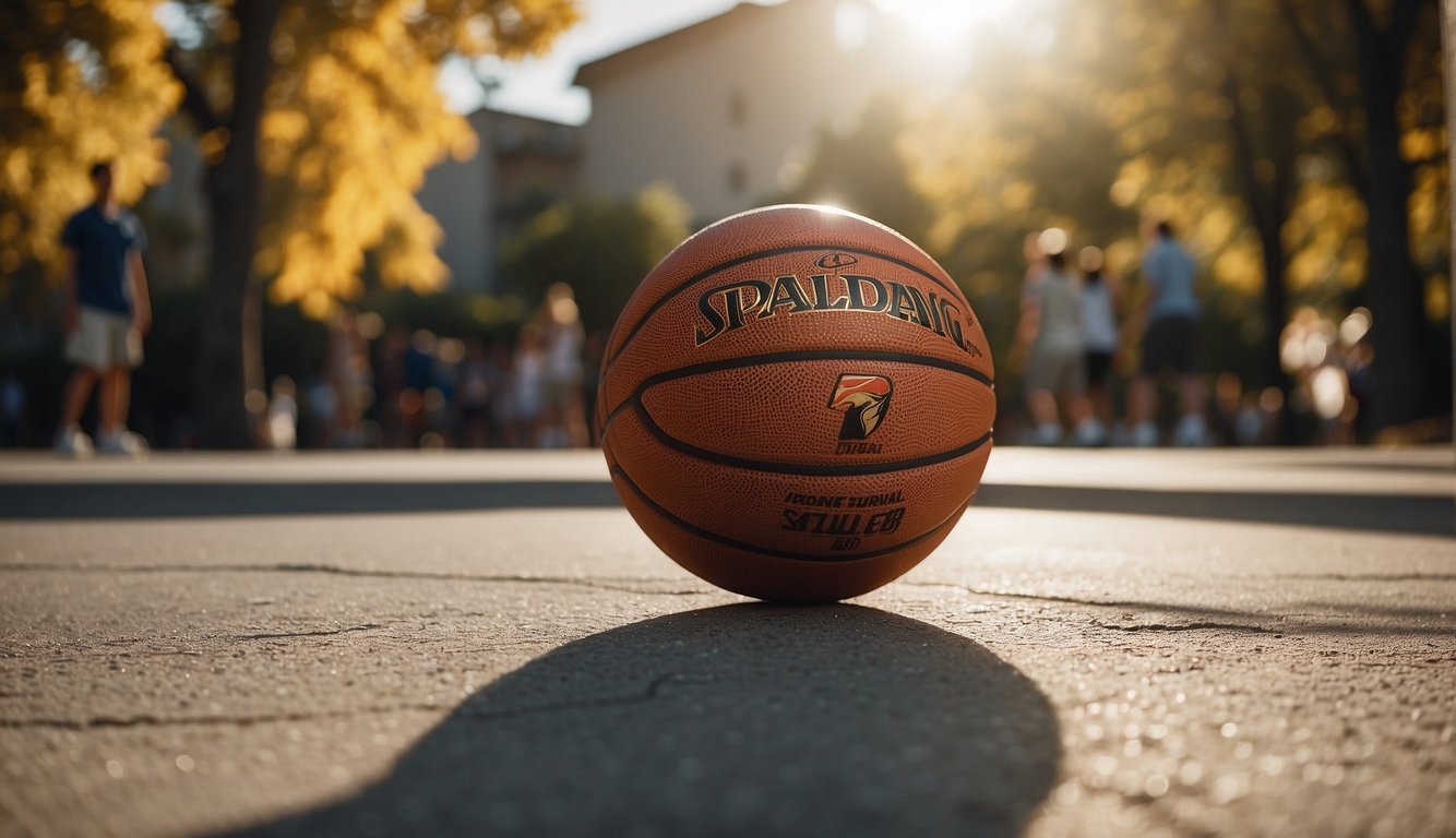 A basketball bouncing on a concrete court, surrounded by a group of players. The sun is shining, and there are trees and buildings in the background