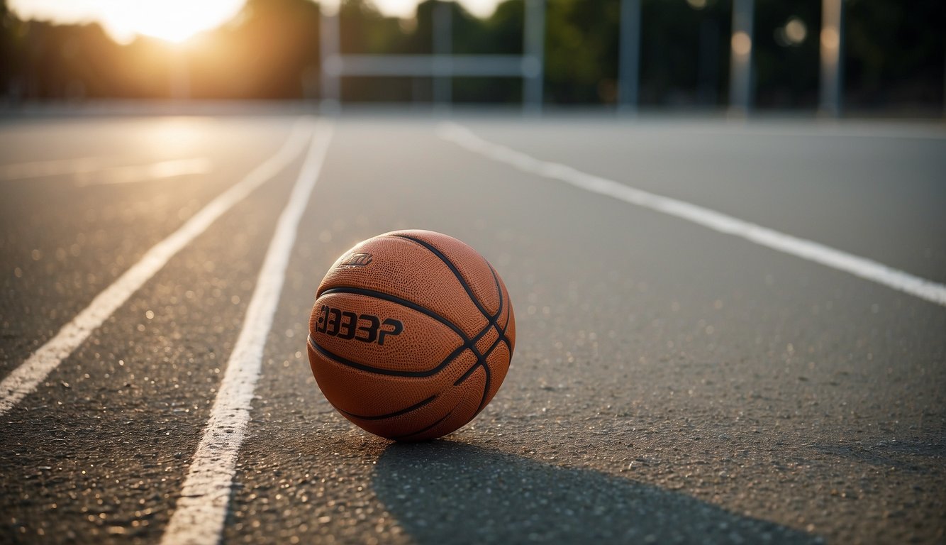 A basketball bouncing on a concrete outdoor court, with a price tag showing affordability and a ramp leading to the court for accessibility