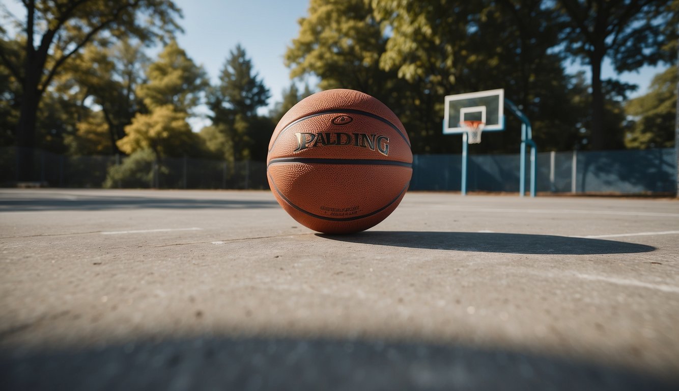 A basketball bouncing on a concrete court, surrounded by trees and under a clear blue sky