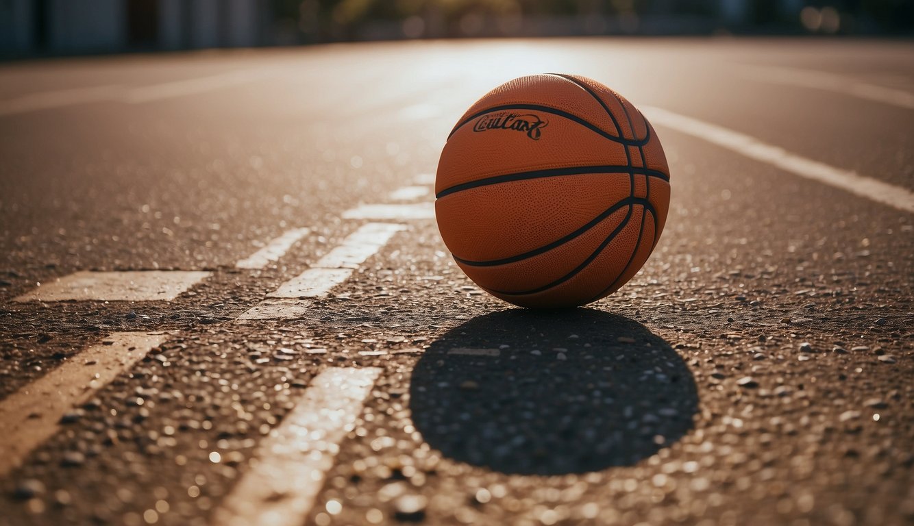 A vibrant basketball with textured grip, in bold orange and black, bounces on a cracked concrete court under the bright sun