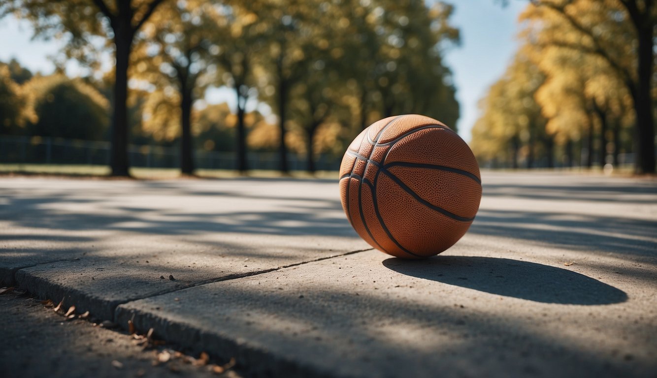 A basketball bouncing on a concrete court, surrounded by trees and under a clear blue sky