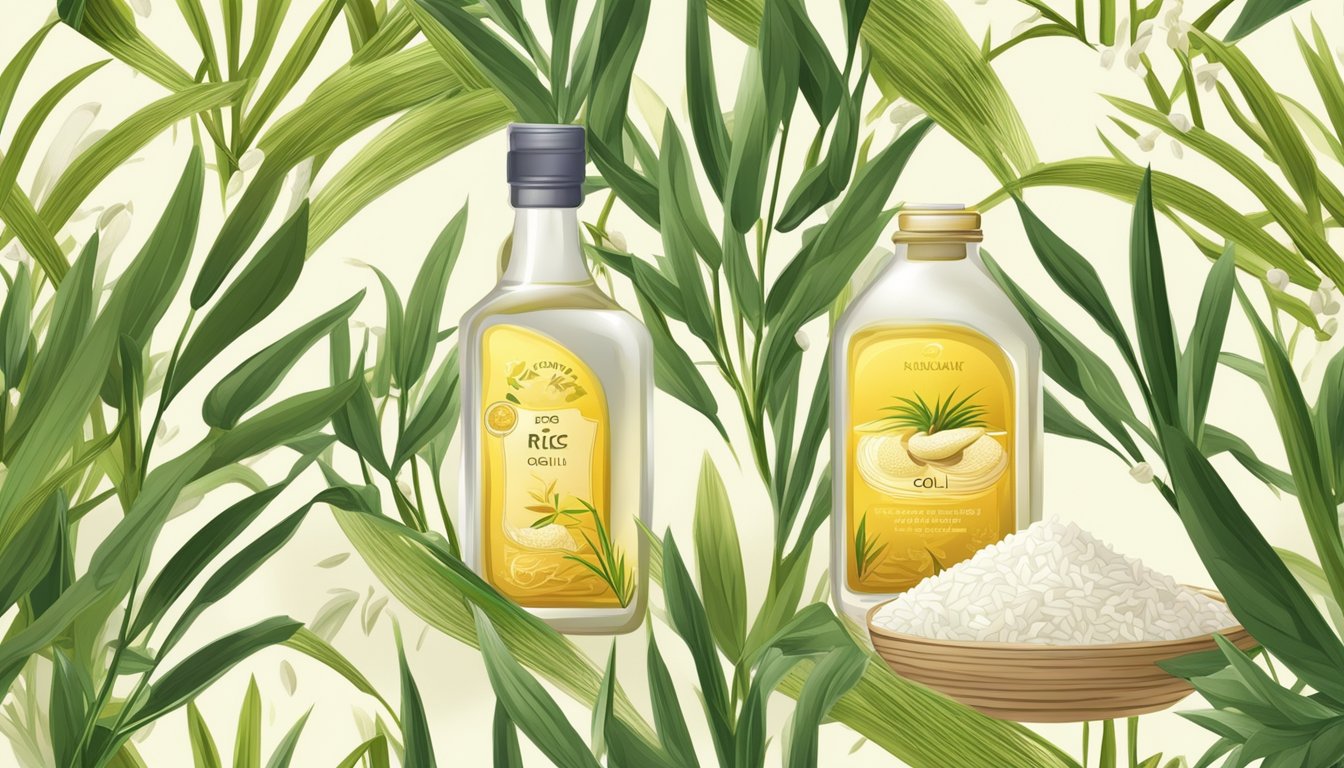 A bottle of rice oil surrounded by rice grains and rice plants, highlighting its natural and organic origin