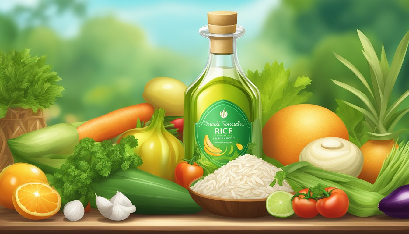 A bottle of rice oil surrounded by fresh, vibrant vegetables and fruits, with a backdrop of a serene, natural setting