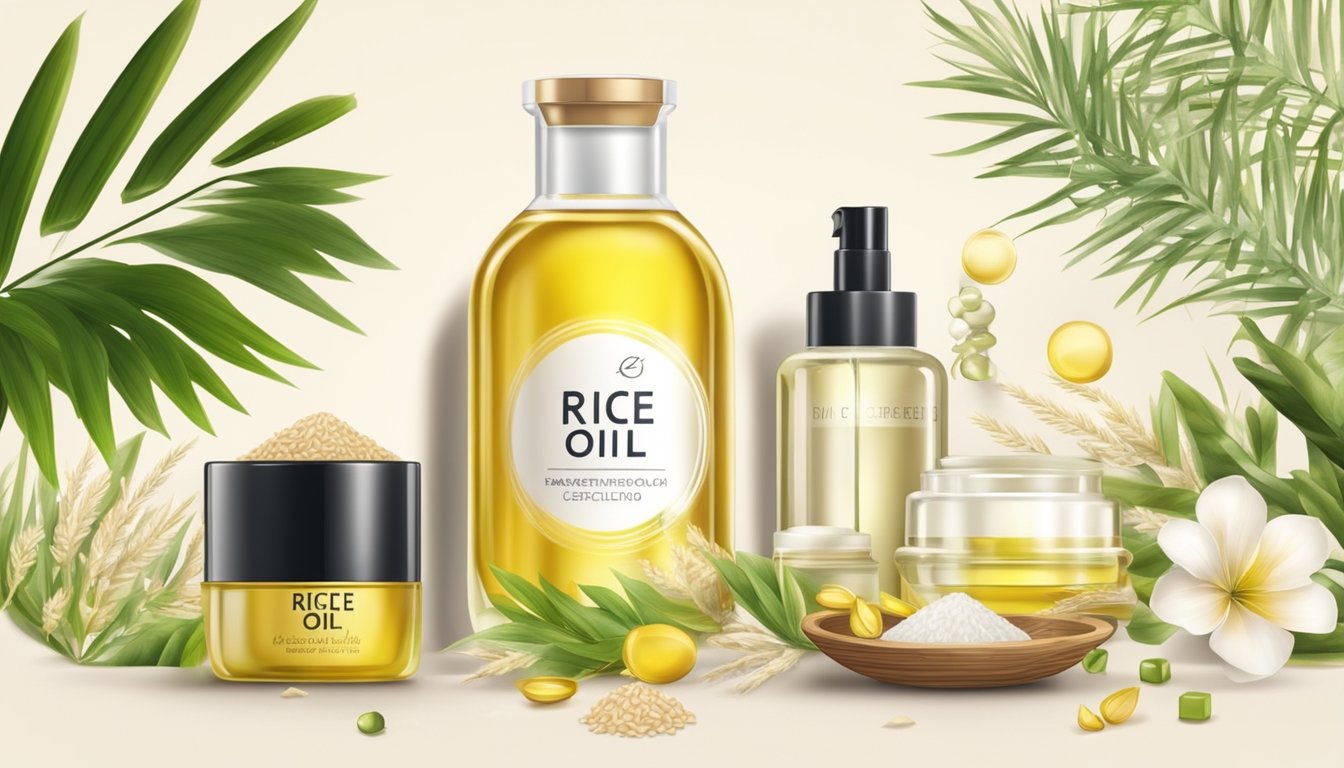 A bottle of rice oil surrounded by natural ingredients and cosmetic products in a beauty laboratory