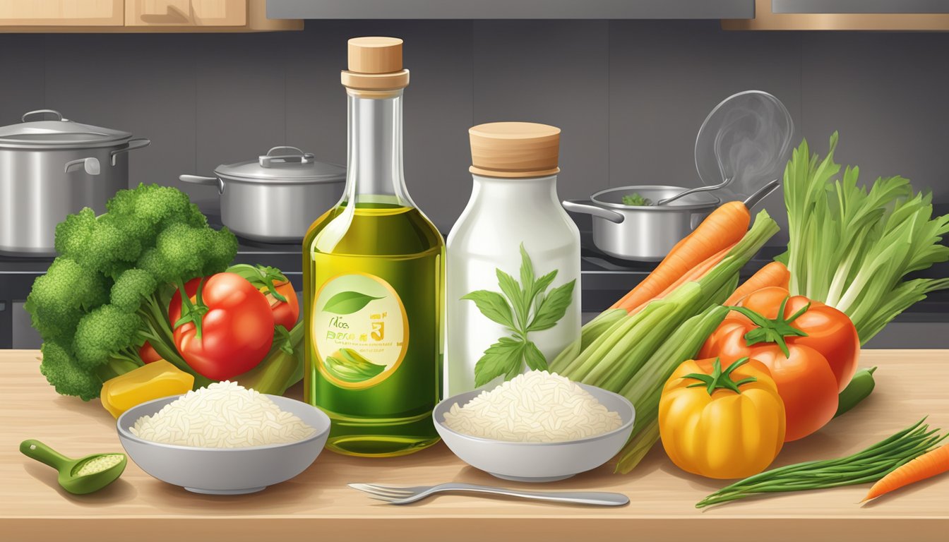 A bottle of rice oil sits on a kitchen counter, surrounded by fresh vegetables and cooking utensils