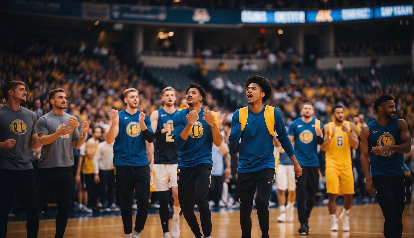 Fans cheer, music blares, and players warm up on the court before a basketball game