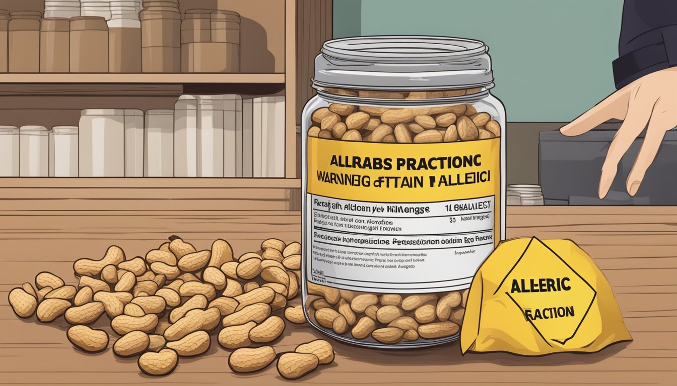 A spilled jar of peanuts with a warning label and a person experiencing an allergic reaction in the background