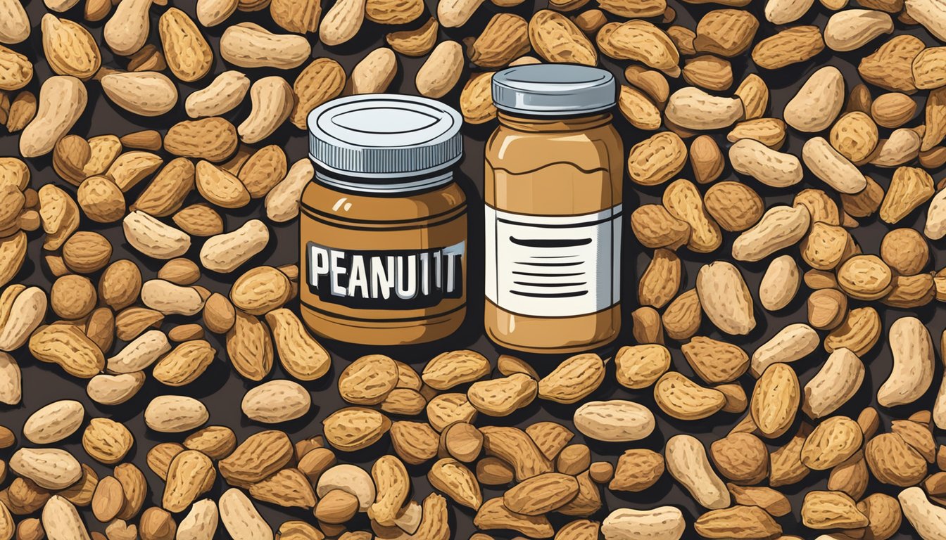 A pile of peanuts surrounded by cracked shells, with a few nuts spilling out. A jar of peanut butter sits nearby