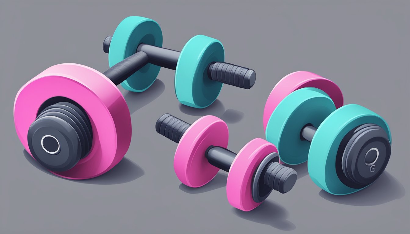 A pair of dumbbells resting on a flat surface, with a resistance band looped around them, ready for isometric forearm exercises