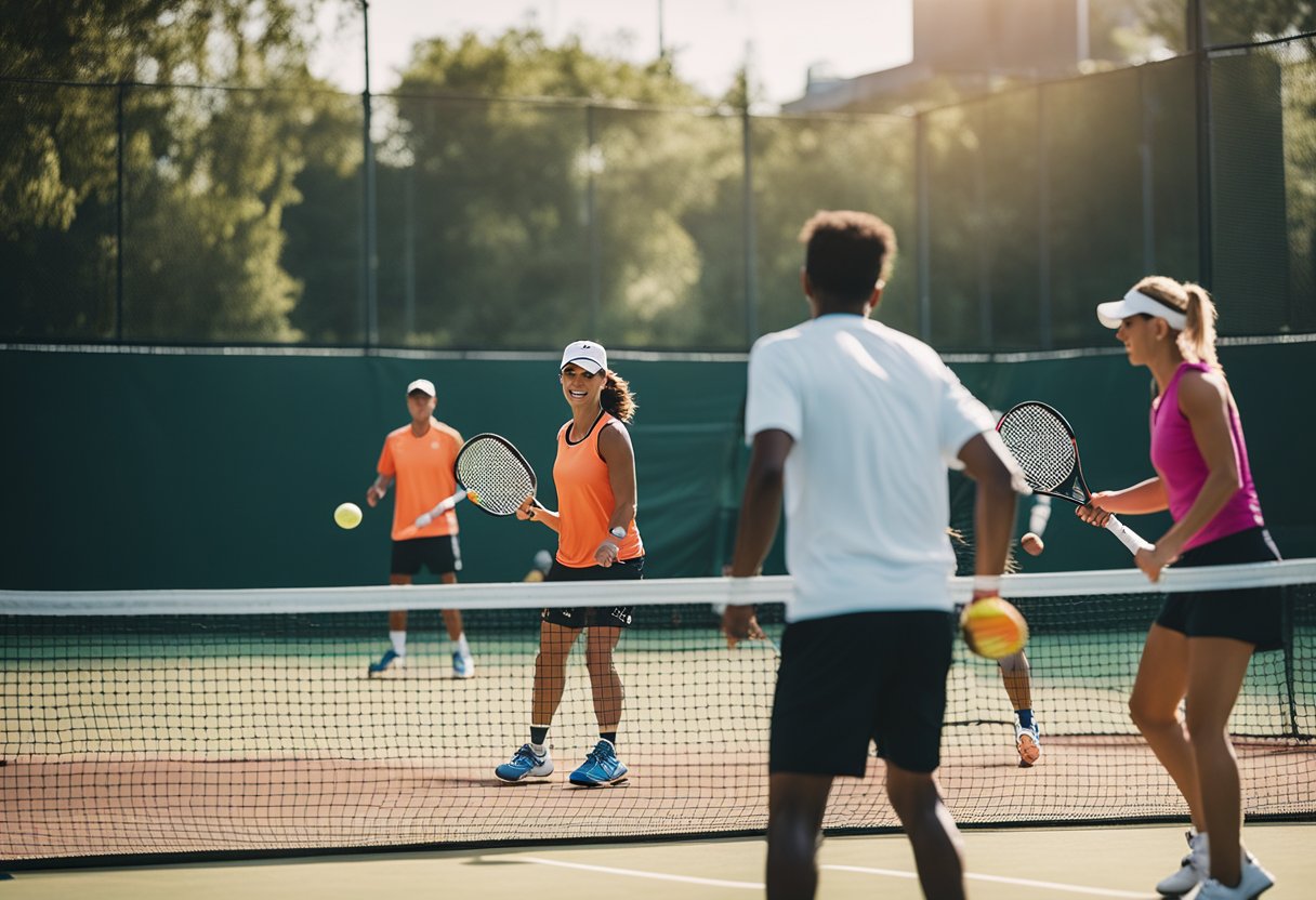 A diverse group of people playing padel and pickleball, showcasing the cultural and social impact of both sports