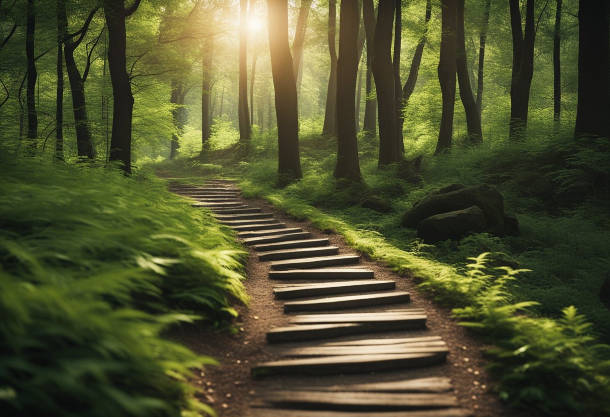 A serene path winds through a tranquil forest, leading to a peaceful clearing. Each step is deliberate and mindful, embodying the principles of the 8 fold path