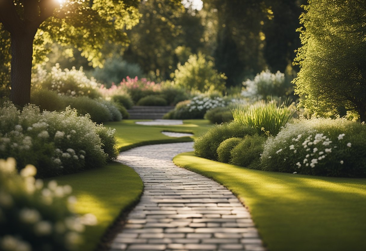 A serene path winds through a peaceful garden, with each step representing a different aspect of Christian faith and practice