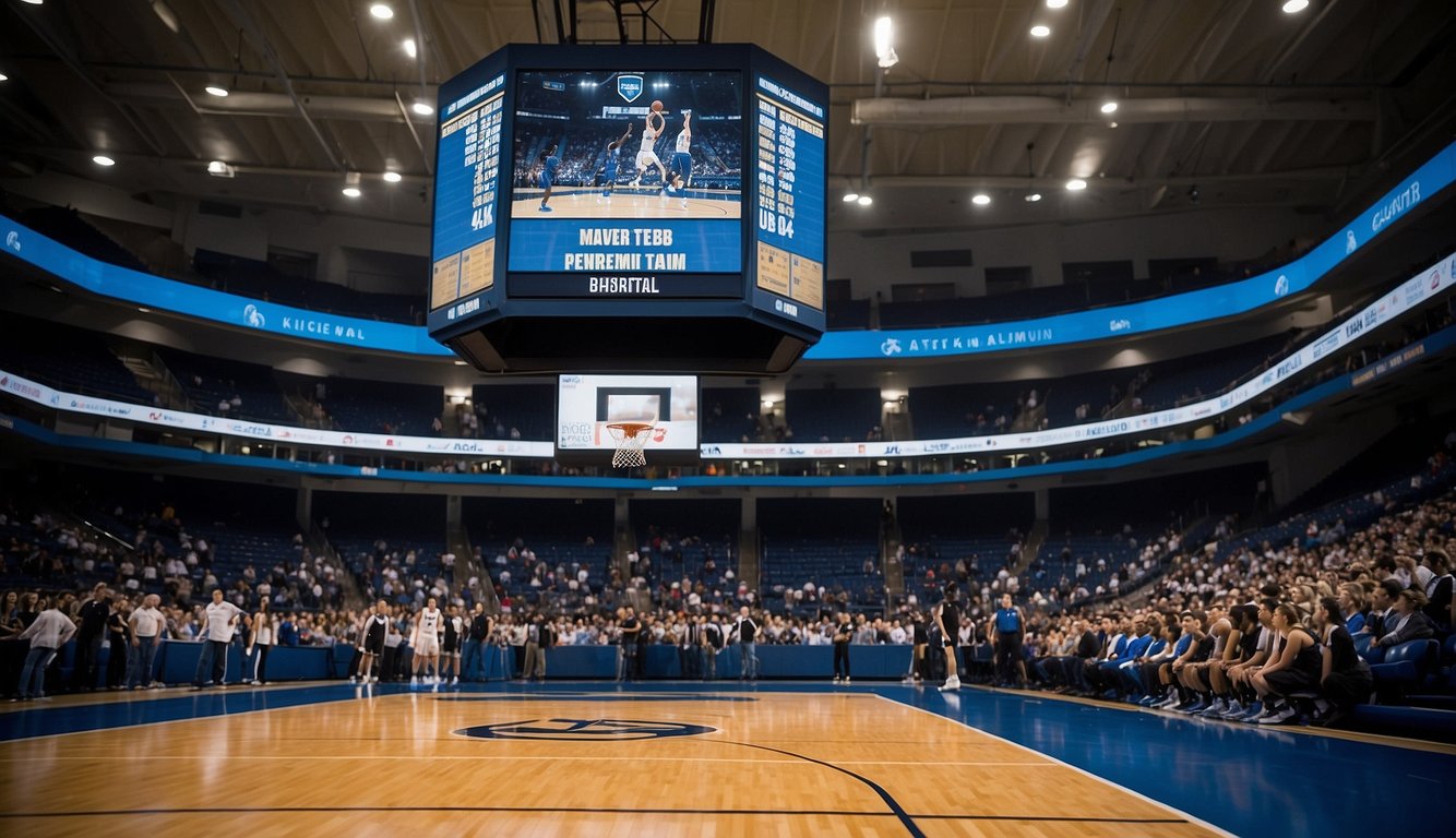 A basketball court with a scoreboard displaying the ranking of Xavier basketball team