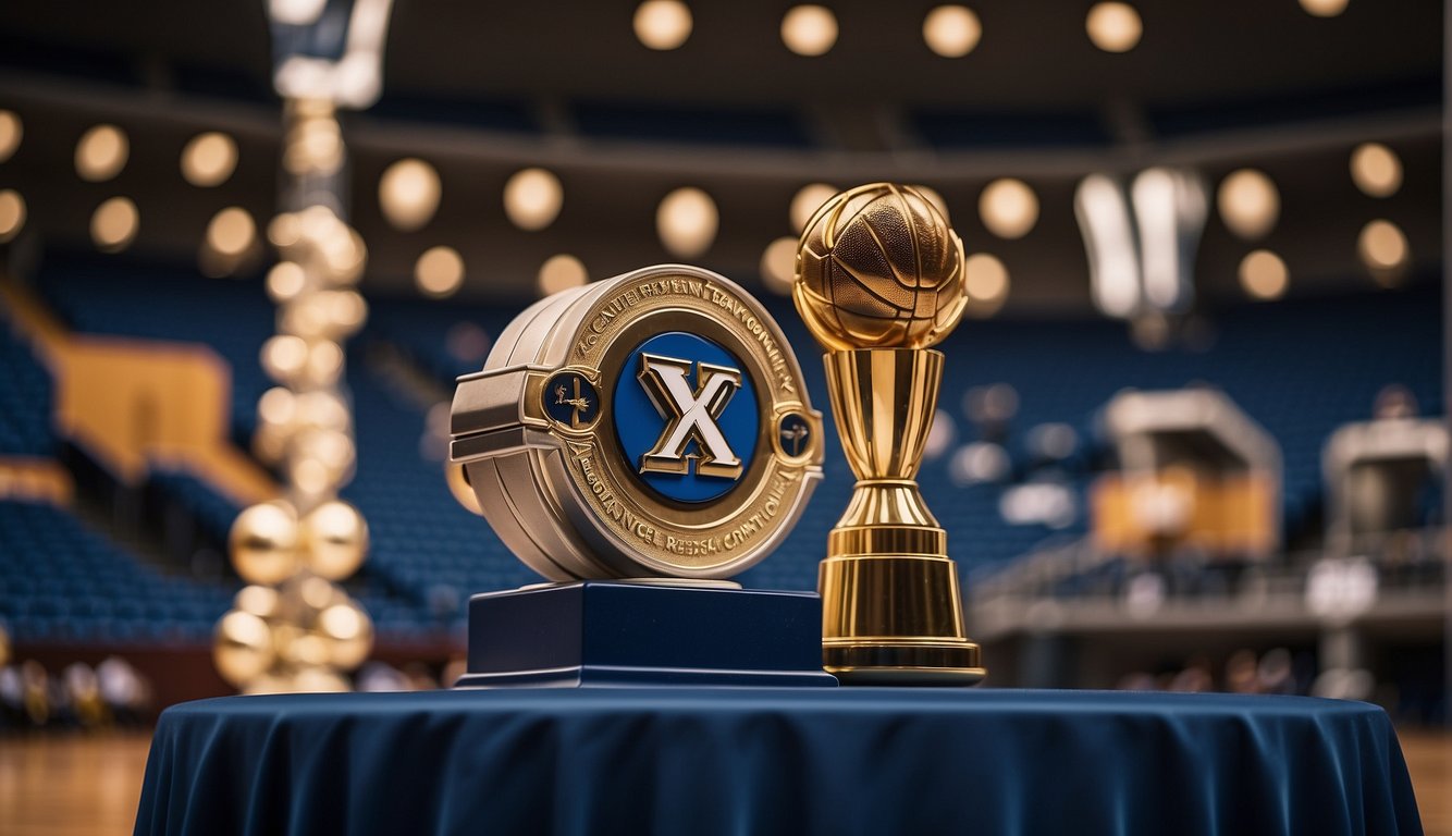 Xavier basketball logo atop a podium with #1 ranking and achievement trophies