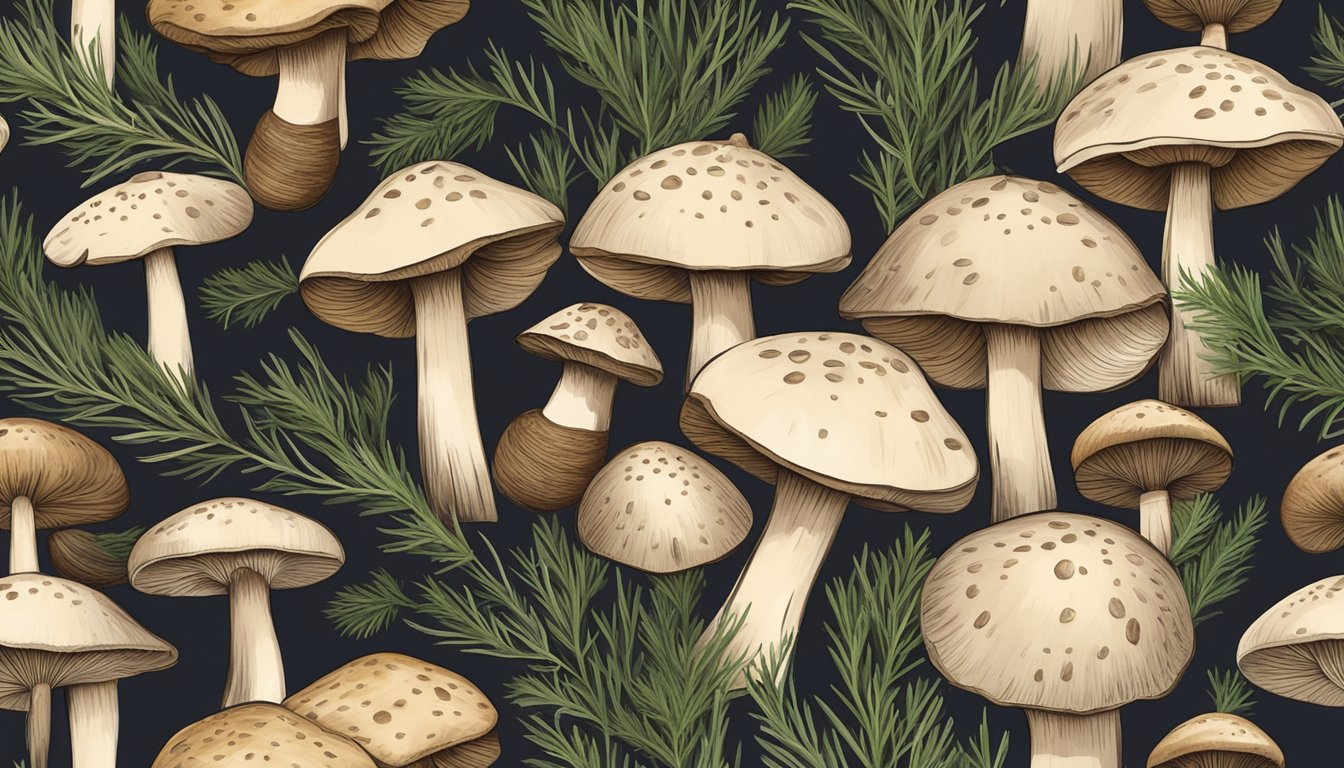 A cluster of fresh shitake mushrooms, with their distinctive umbrella-shaped caps and woody stems, are arranged on a rustic wooden cutting board, surrounded by scattered sprigs of fresh thyme and rosemary