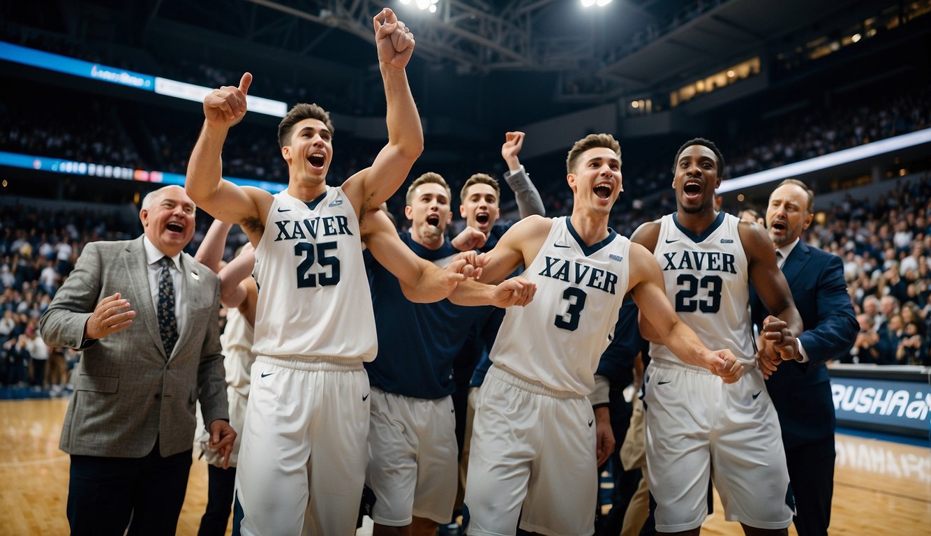 Xavier basketball ranked high, players celebrate with coach. Fans cheer in the stands, while media captures the moment. Excitement fills the air