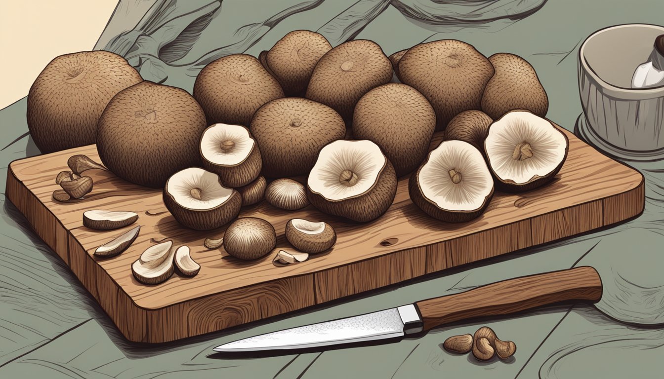 A pile of fresh shiitake mushrooms on a wooden cutting board with a chef's knife next to them