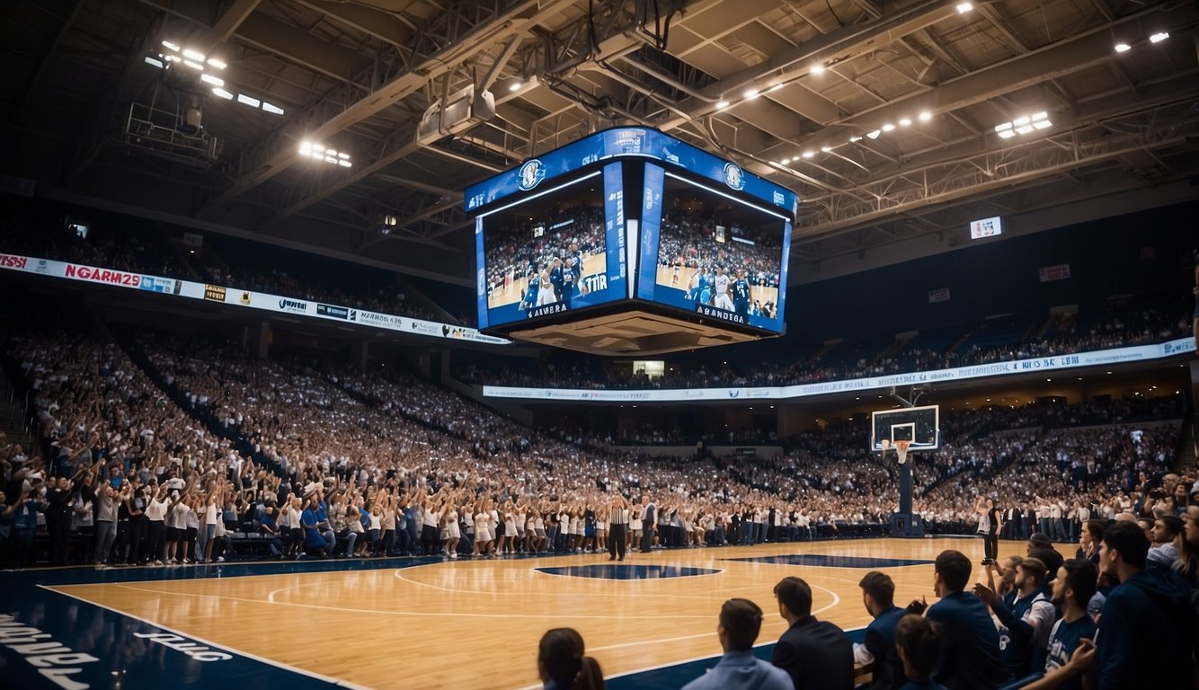 Xavier basketball court filled with cheering fans, team in action, scoreboard showing the current ranking