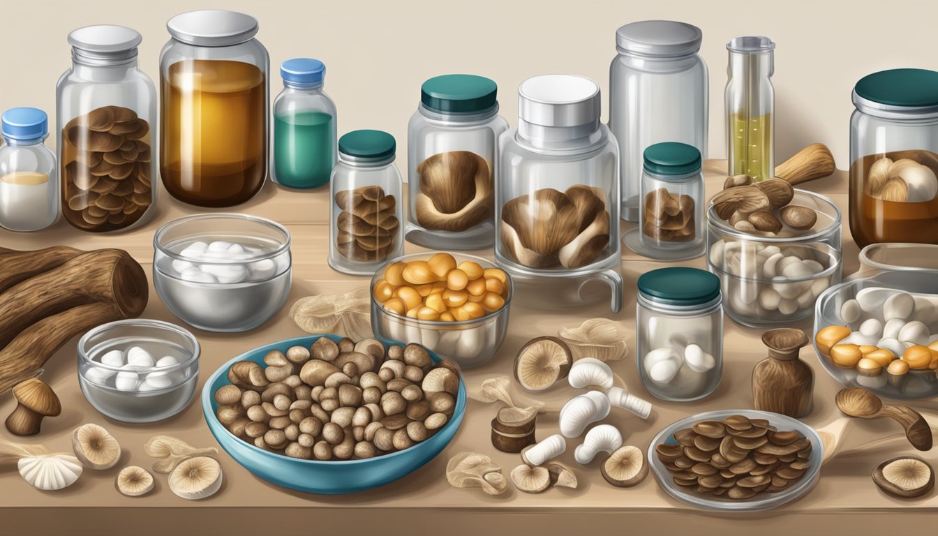 A laboratory table with various scientific equipment and containers of shitake mushrooms for medical and supplement use