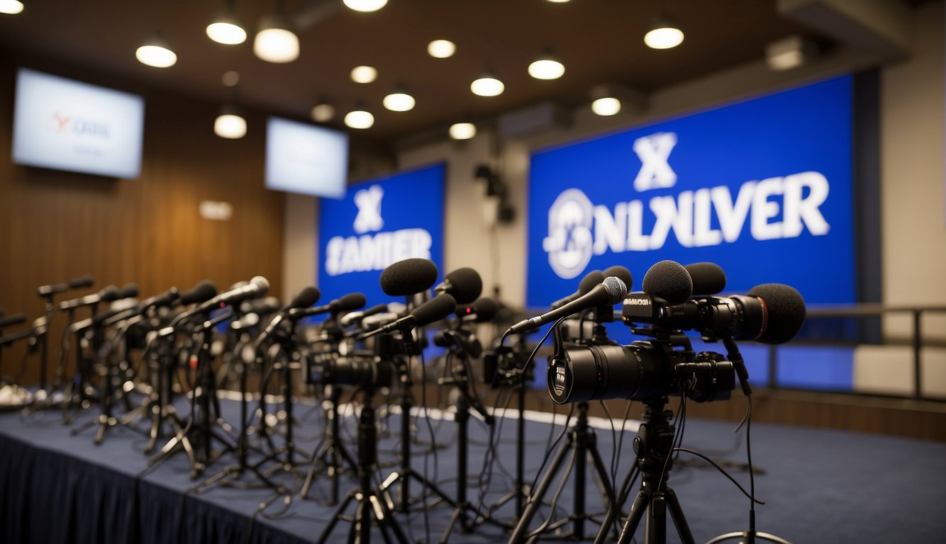 A press conference with microphones and cameras, a backdrop with Xavier University's basketball logo, and a banner displaying the team's current ranking