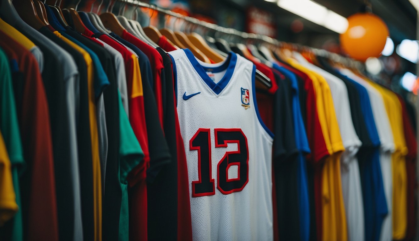 A basketball jersey hangs on a display rack in a busy market in the Philippines