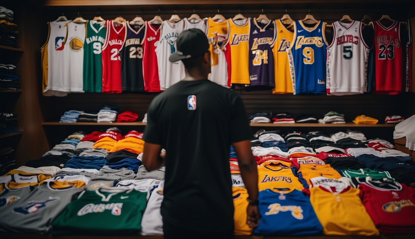 A customer holding cash while pointing at a rack of NBA jerseys in a store in the Philippines