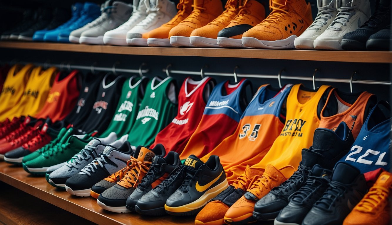 A display of basketball apparel including shorts, shoes, and accessories. Multiple jerseys in various colors and sizes are prominently featured