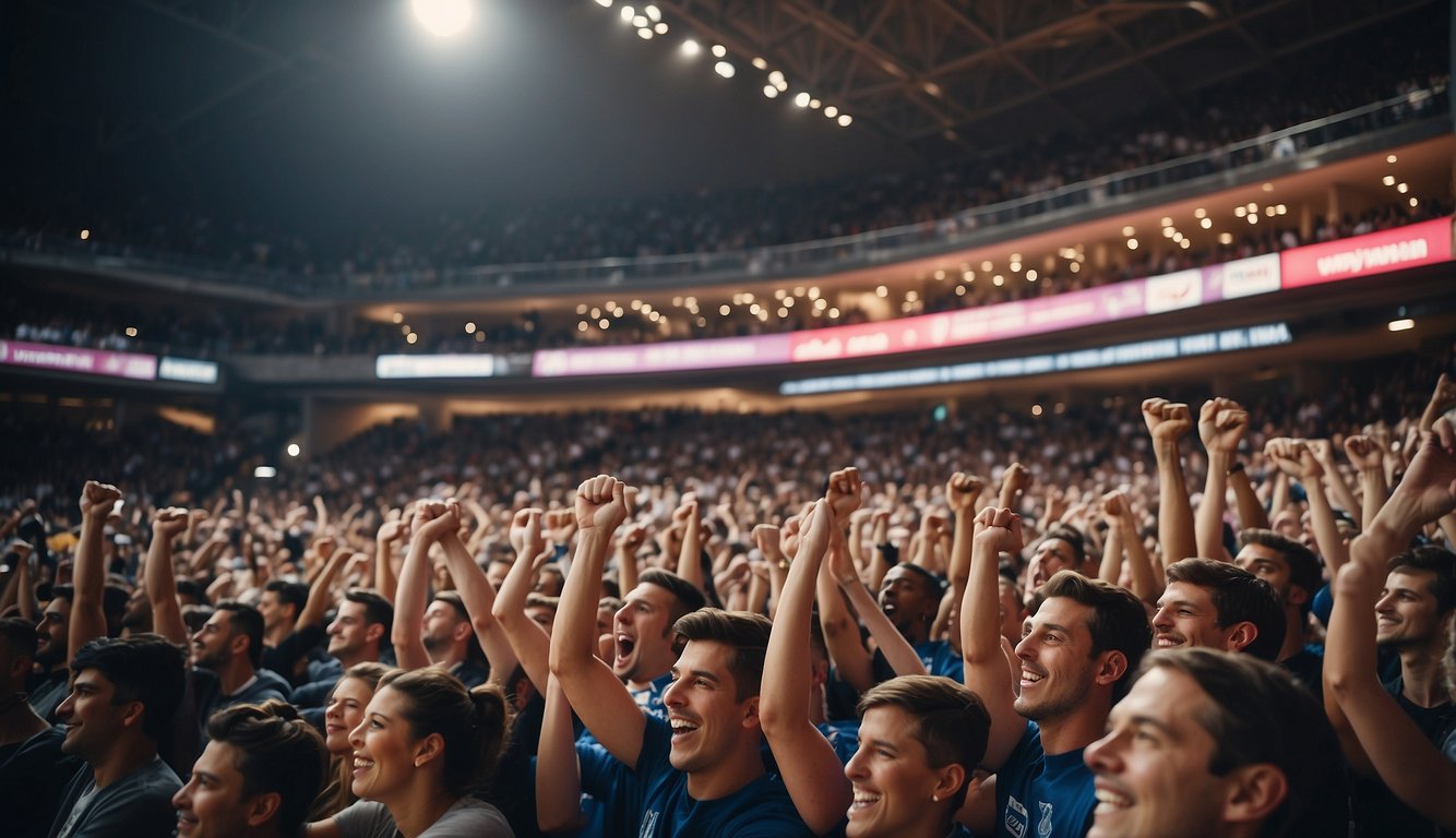 Fans holding up jerseys in a crowded basketball arena. Excited faces and cheering. Bright lights and team logos visible