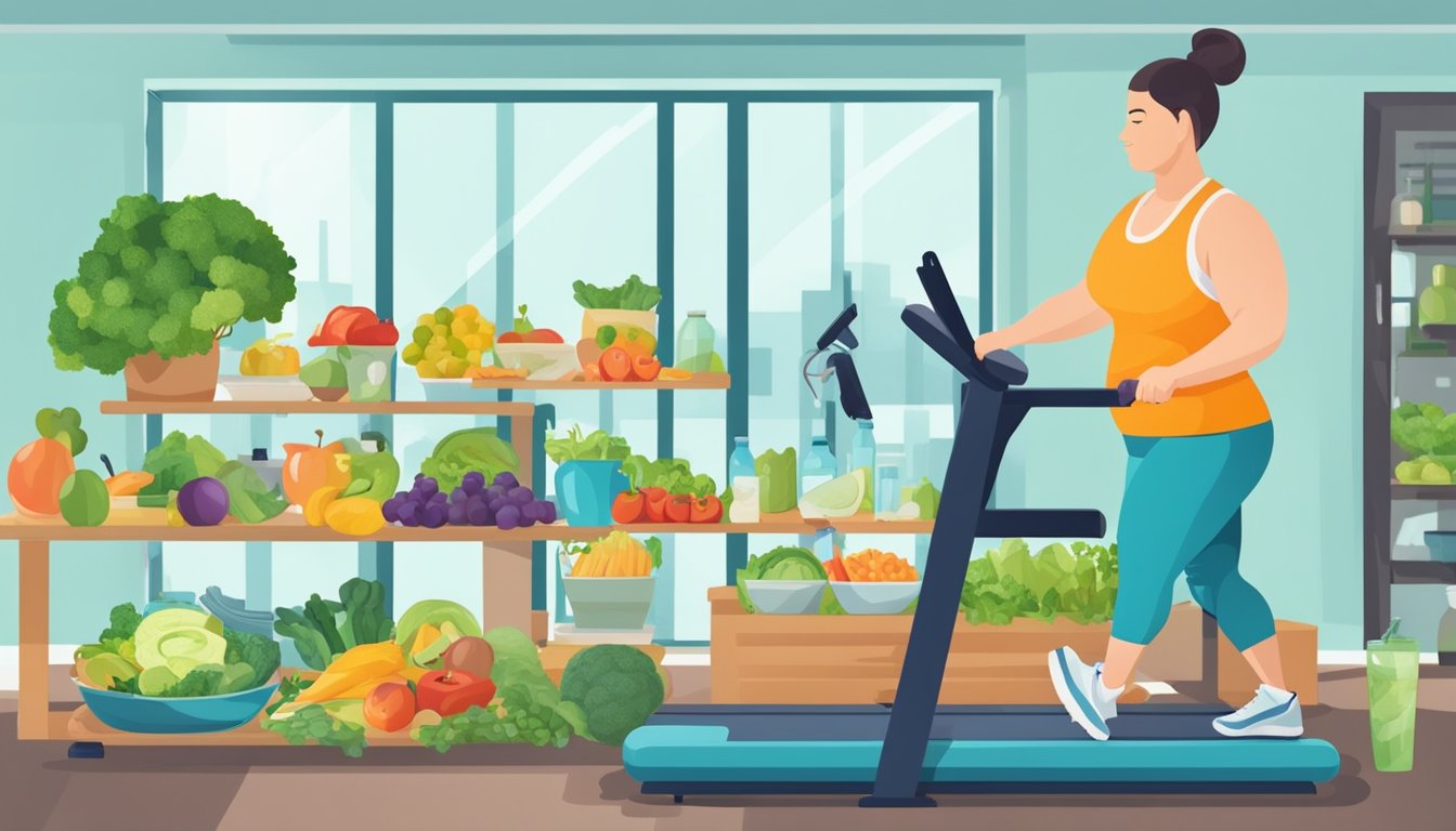 A person exercising in a gym, surrounded by healthy food and water, with a scale showing weight loss progress