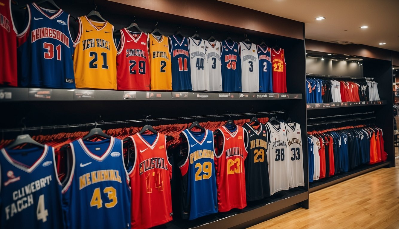 A display of new basketball jerseys in a Philippines store, with various editions and releases showcased