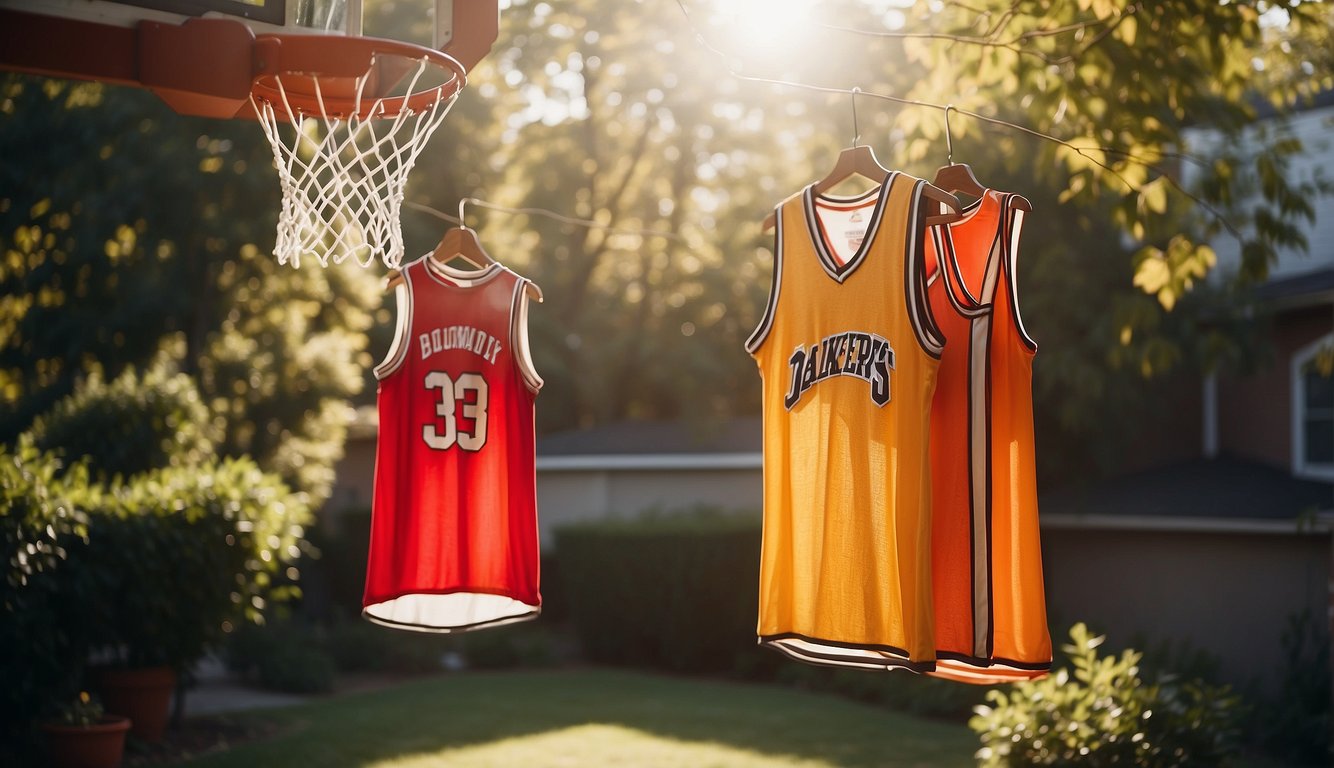 A basketball jersey being gently washed and air-dried in a sunny backyard